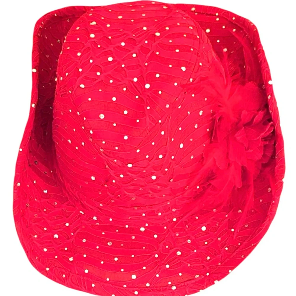 Something Special SS LA Elegant Red rhinestone western Hat with feather accent
